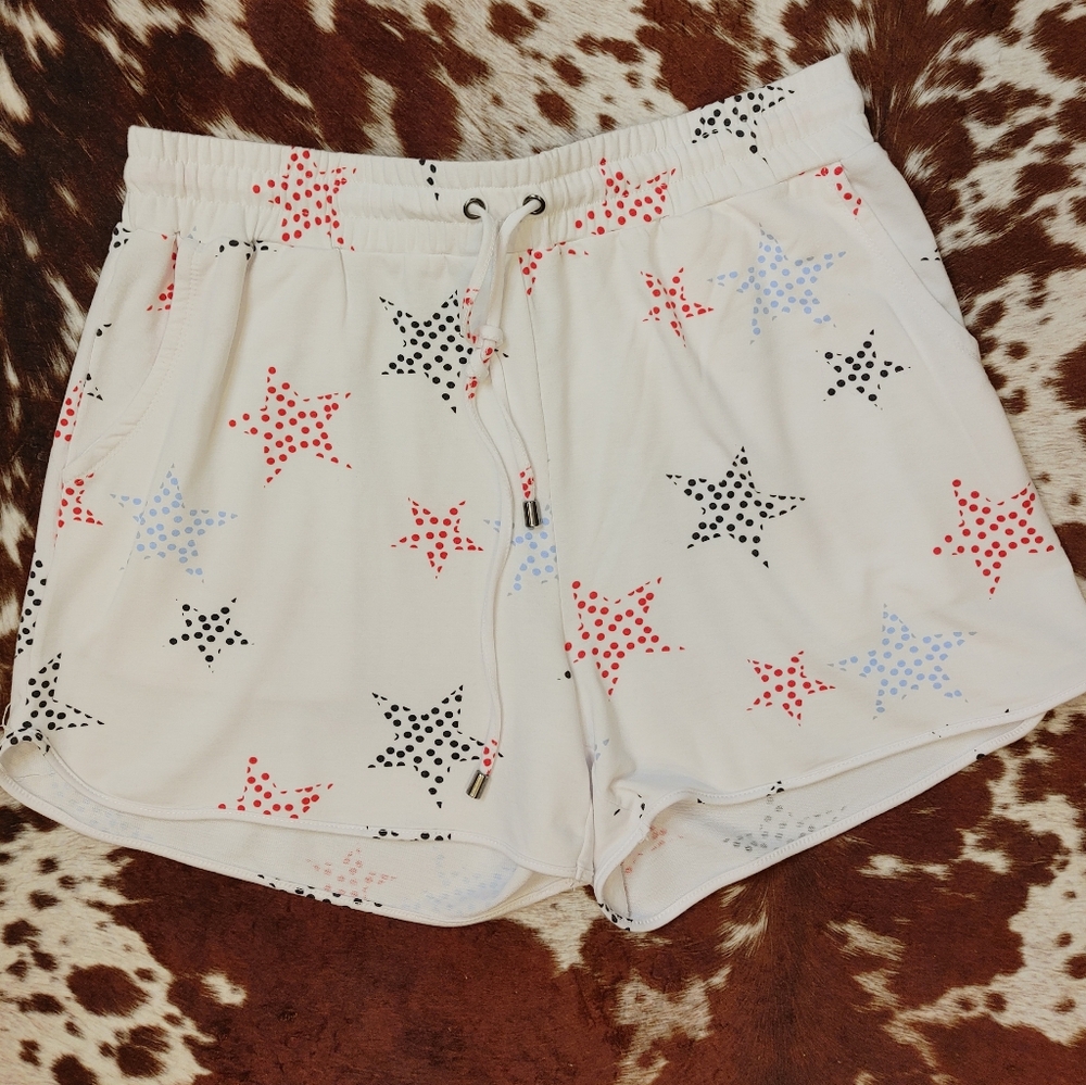crown & ivy White Star Print Lounge Shorts with Red, Blue, and Black Stars